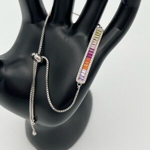 Rainbow Gradient Bar Bracelet – Adjustable Silver-Tone with Slider Clasp